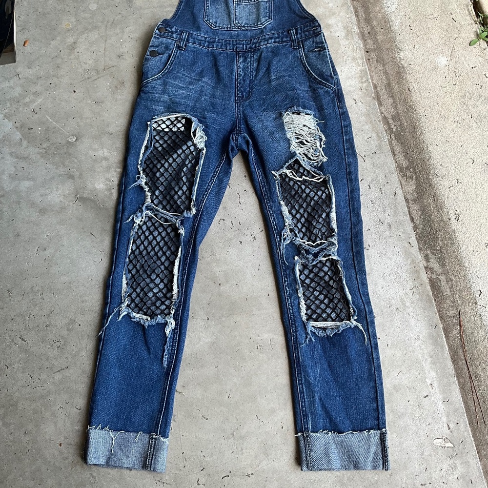 Trendy Distressed Denim Overalls with Fishnet Inserts